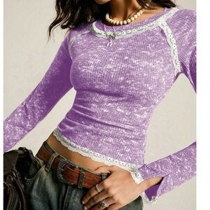Lilac Lavender Round Neck Lace Detail Long Sleeve Knit Top